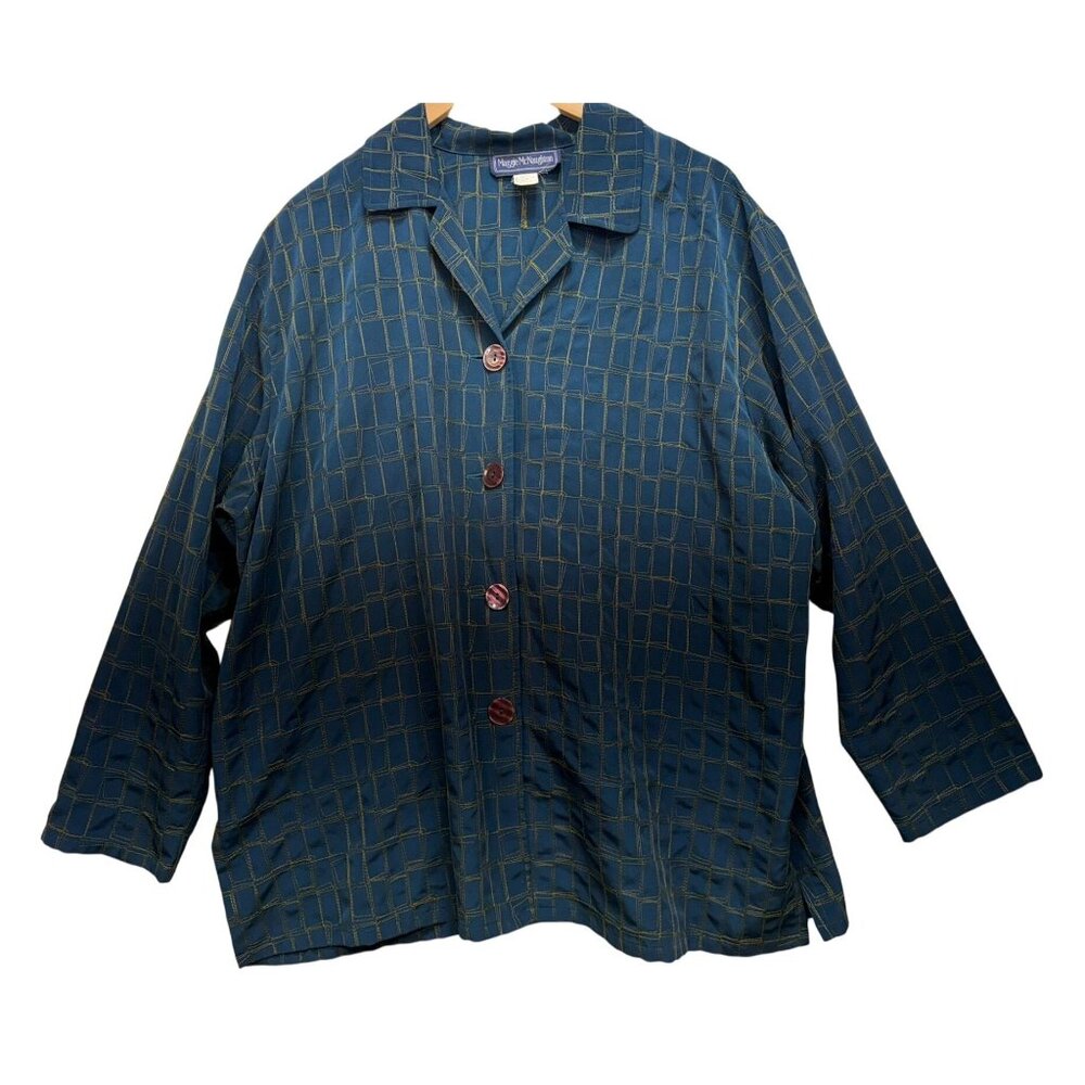 Vintage Maggie McNaughton Womens Button-Up Shirt Size 2X Blue Geometric Casual